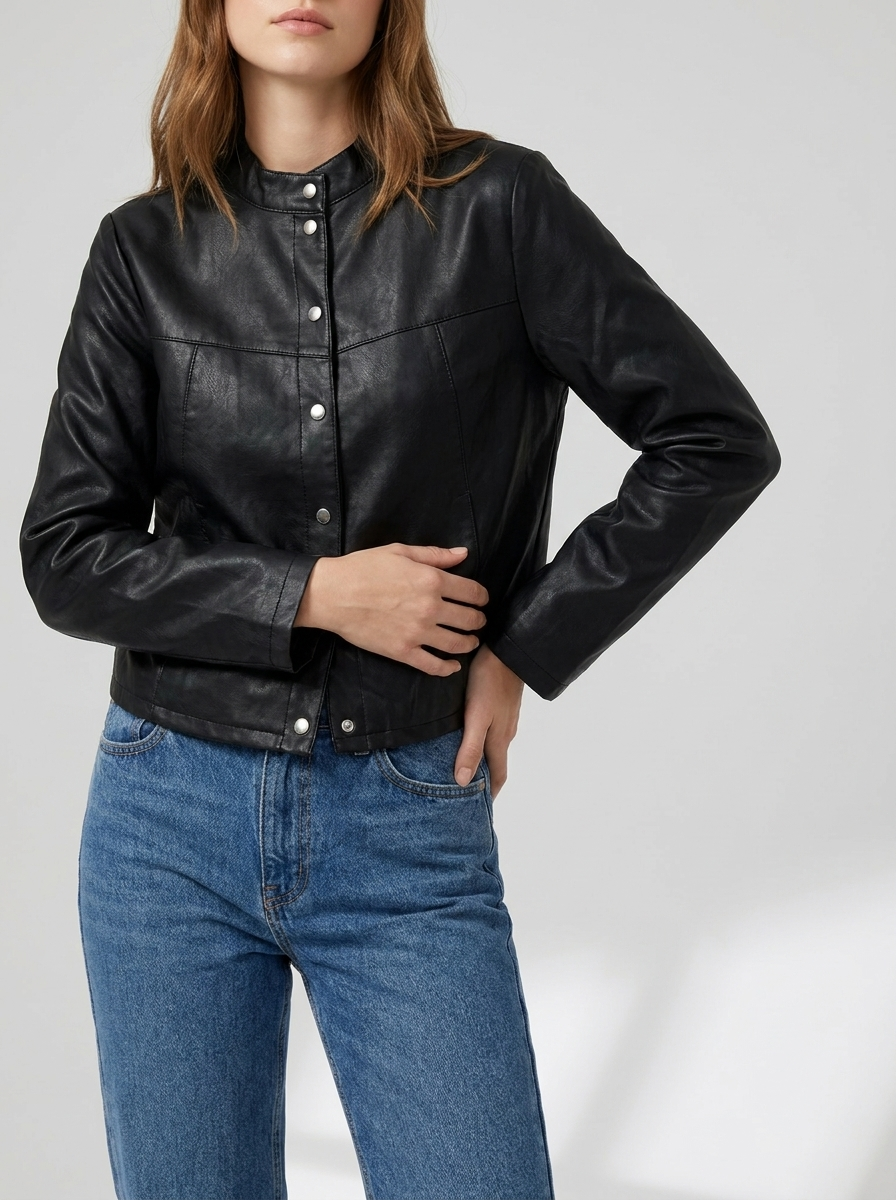 Faux Leather Jacket Women Boxy Studded Button Up Cropped Moto Jacket — Kharites Shop