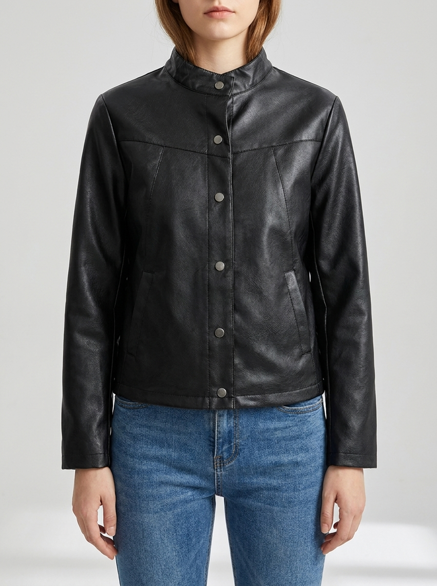 Faux Leather Jacket Women Boxy Studded Button Up Cropped Moto Jacket — Kharites Shop