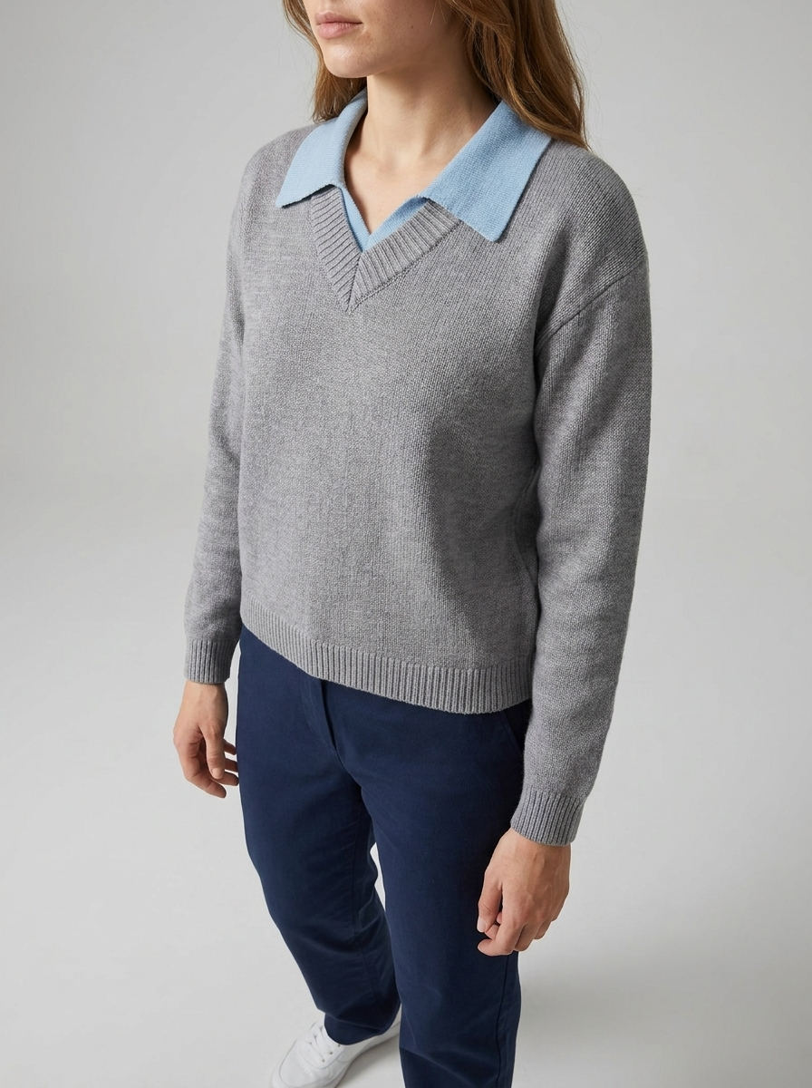 Oversized Contrast Collar Sweater Women Dropped Shoulder Ribbed Knit — Kharites Shop