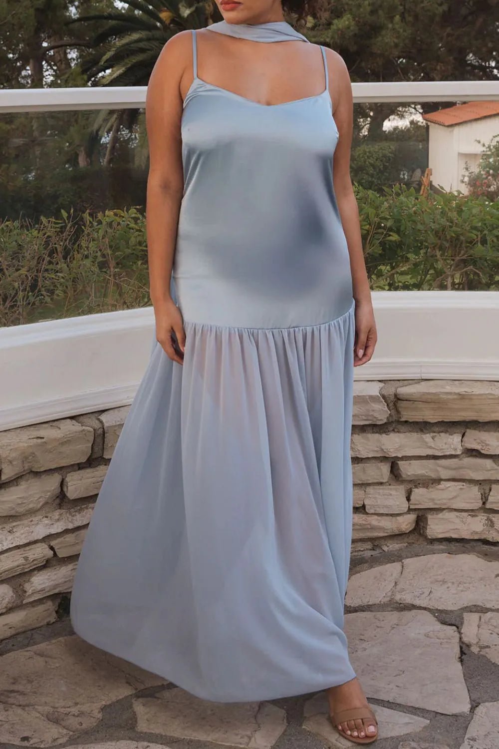 Adjustable Strap Maxi Cami Dress with Scarf - Kharites