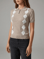Argyle Sweater Women Short Sleeve Knit Button Detail Preppy Top — Kharites Shop - Kharites