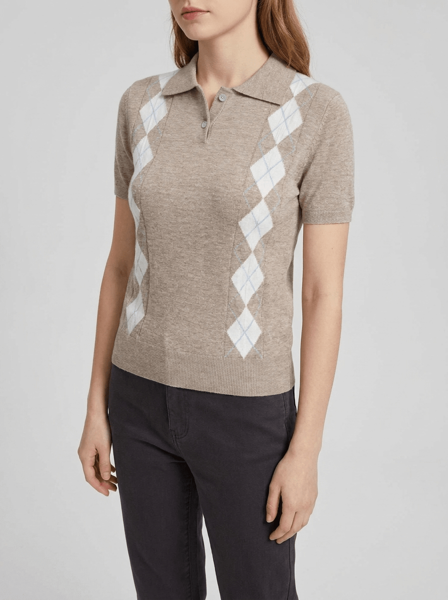 Argyle Sweater Women Short Sleeve Knit Button Detail Preppy Top — Kharites Shop - Kharites