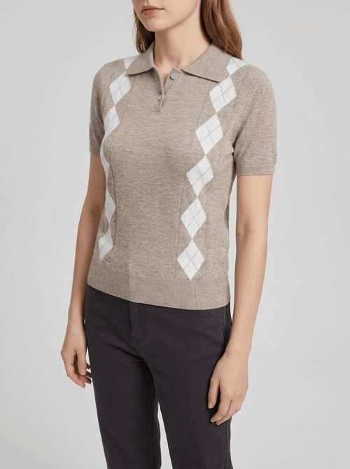 Argyle Sweater Women Short Sleeve Knit Button Detail Preppy Top — Kharites Shop - Kharites