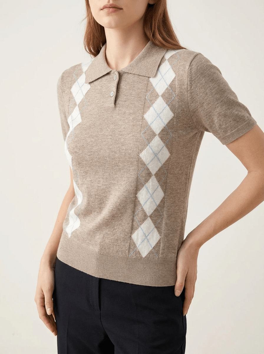 Argyle Sweater Women Short Sleeve Knit Button Detail Preppy Top — Kharites Shop - Kharites