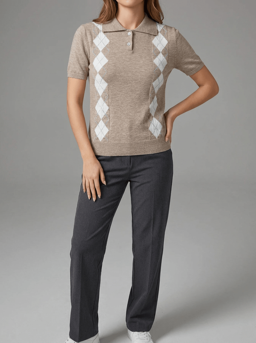 Argyle Sweater Women Short Sleeve Knit Button Detail Preppy Top — Kharites Shop - Kharites