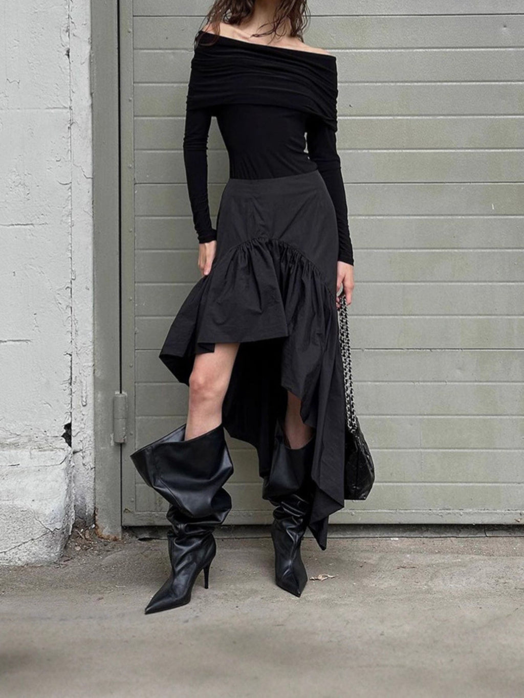 Asymmetrical Ruffle Hem Midi Skirt - Kharites