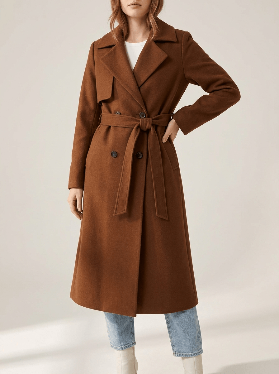 Belted Wool Look Coat Women Lapel Collar Double Breasted Longline Winter — Kharites Shop - Kharites