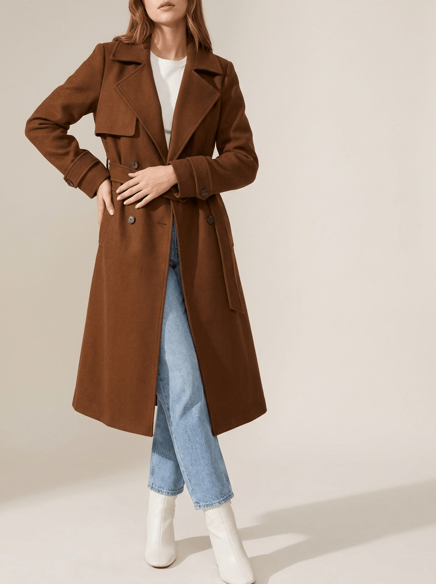 Belted Wool Look Coat Women Lapel Collar Double Breasted Longline Winter — Kharites Shop - Kharites
