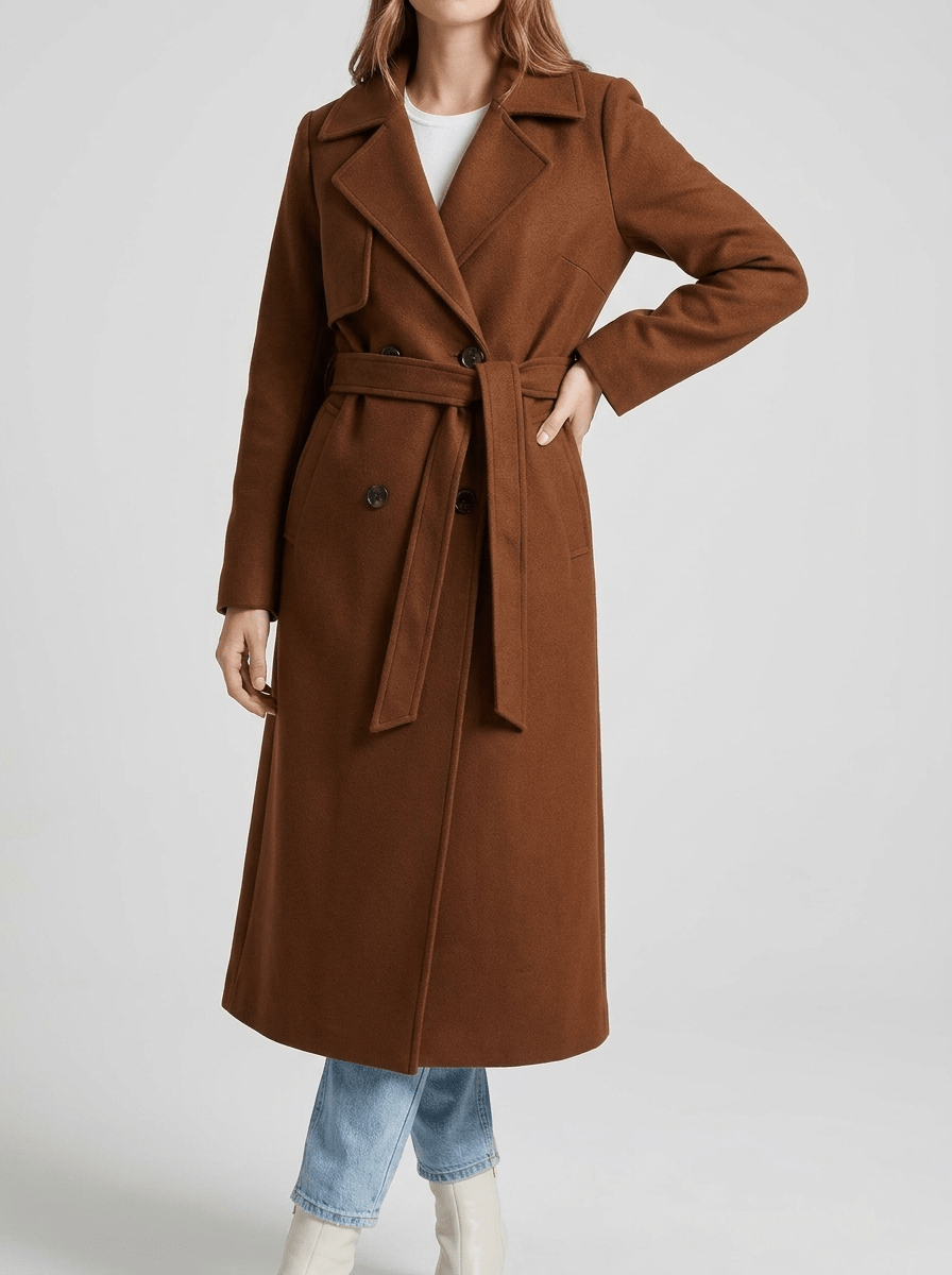 Belted Wool Look Coat Women Lapel Collar Double Breasted Longline Winter — Kharites Shop - Kharites