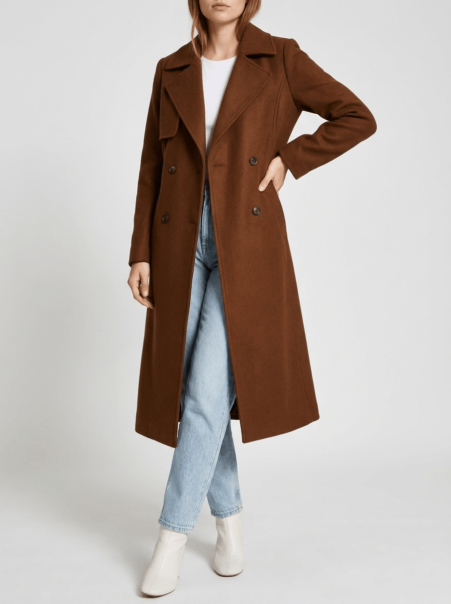 Belted Wool Look Coat Women Lapel Collar Double Breasted Longline Winter — Kharites Shop - Kharites
