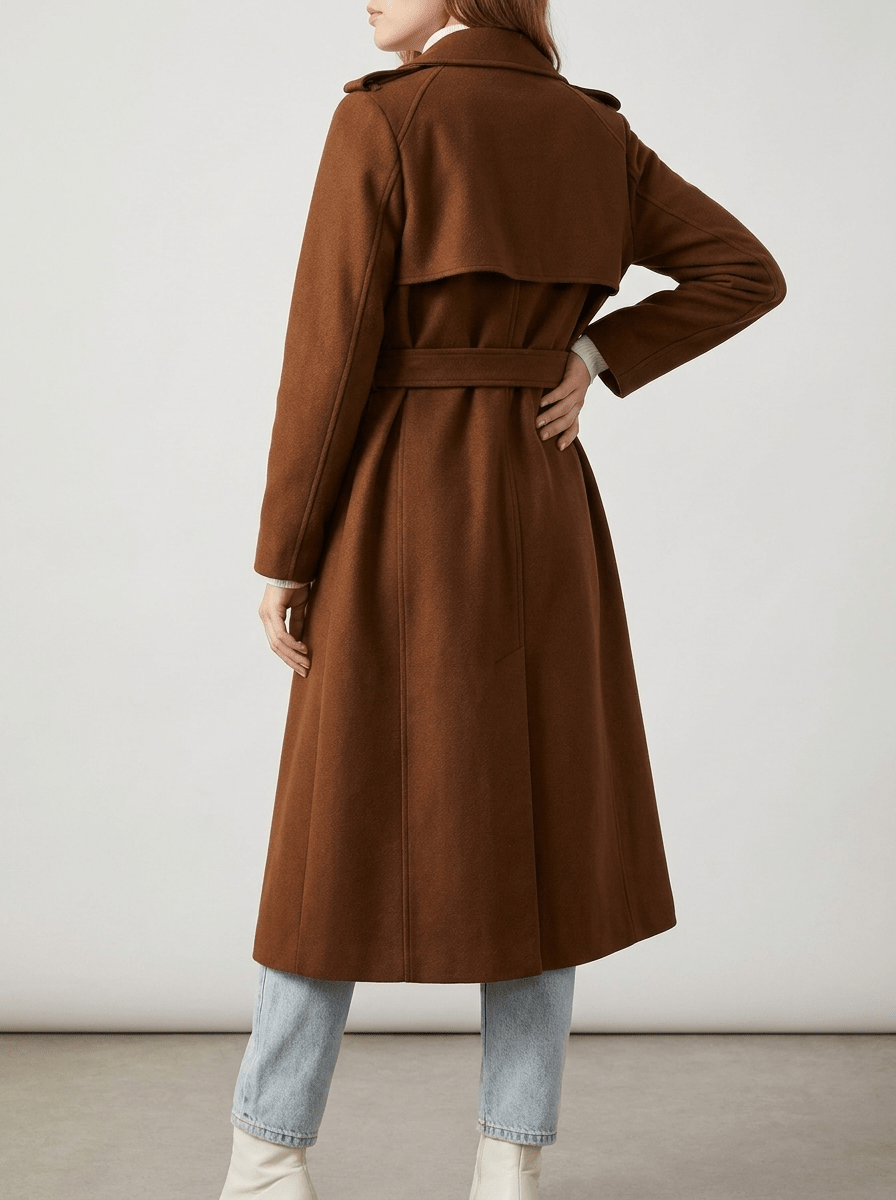 Belted Wool Look Coat Women Lapel Collar Double Breasted Longline Winter — Kharites Shop - Kharites