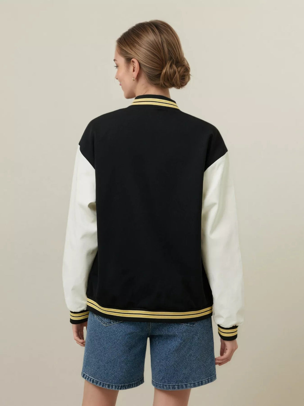 Contrast Sleeve Snap Down Jacket Women Lined Bomber Baseball Layer — Kharites Shop - Kharites