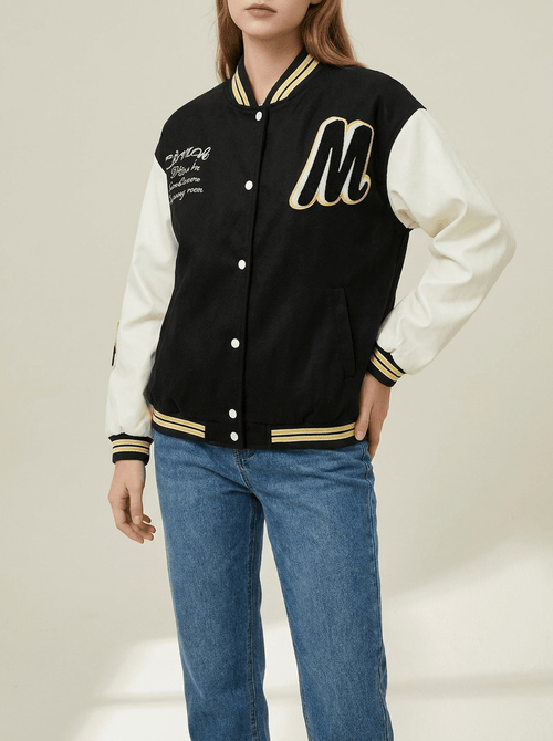 Contrast Sleeve Snap Down Jacket Women Lined Bomber Baseball Layer — Kharites Shop - Kharites