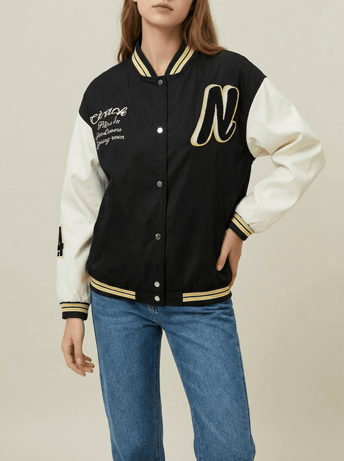 Contrast Sleeve Snap Down Jacket Women Lined Bomber Baseball Layer — Kharites Shop - Kharites