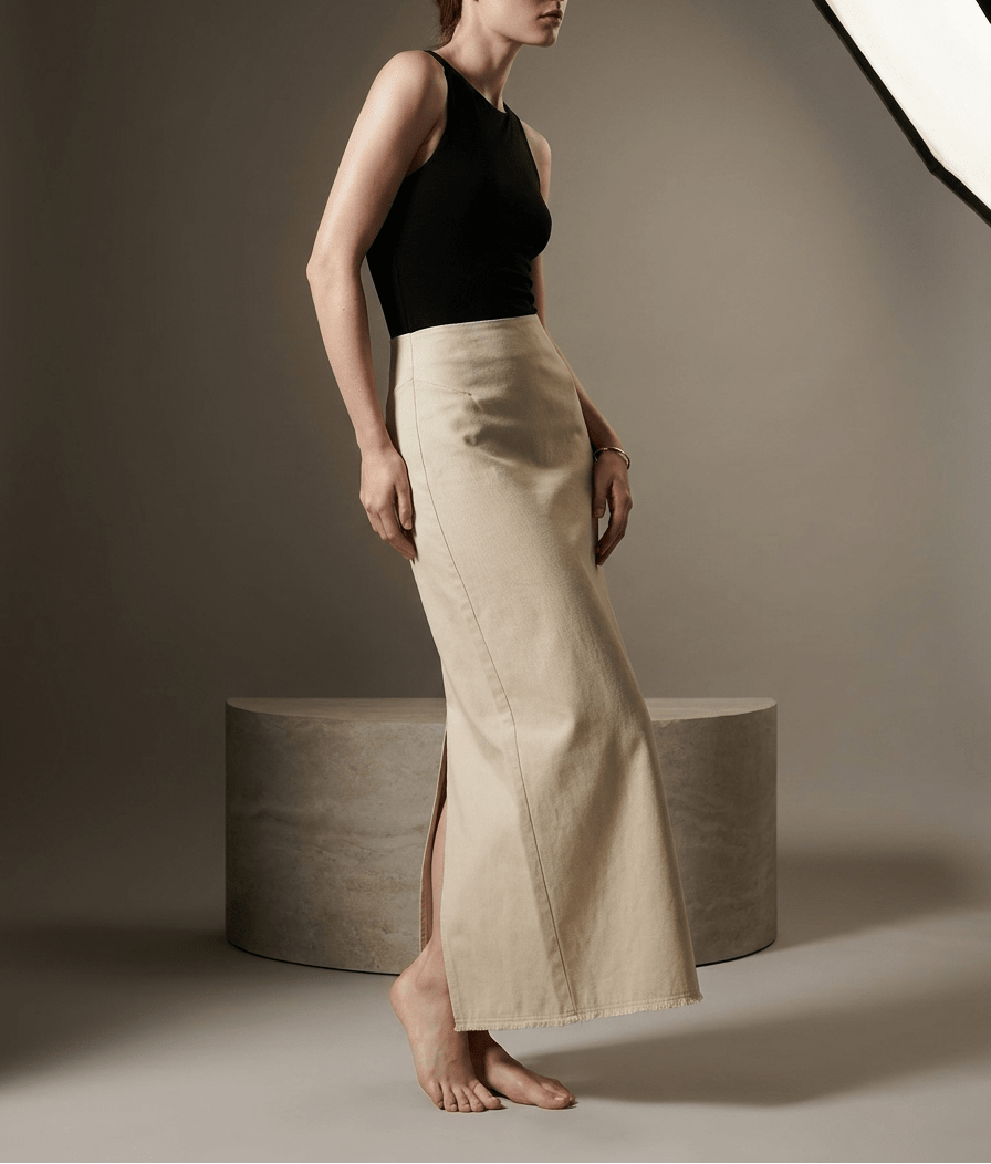 Cotton Midi Skirt Women Side Slit High Waisted Casual Skirt — Kharites Shop - Kharites