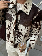 Cow Print Collared Neck Jacket - Kharites