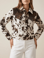 Cow Print Jacket Women Collared Button Up Western Shacket Lightweight — Kharites Shop - Kharites