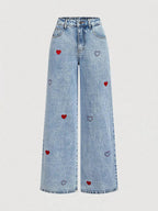 Embroidered Heart Wide-Leg Jeans - Kharites