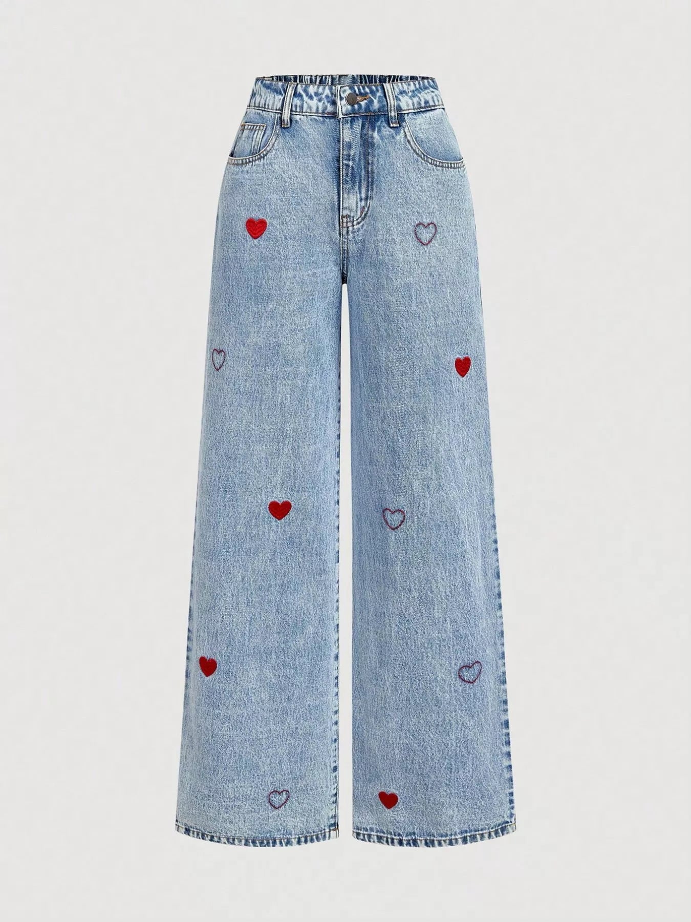 Embroidered Heart Wide-Leg Jeans - Kharites
