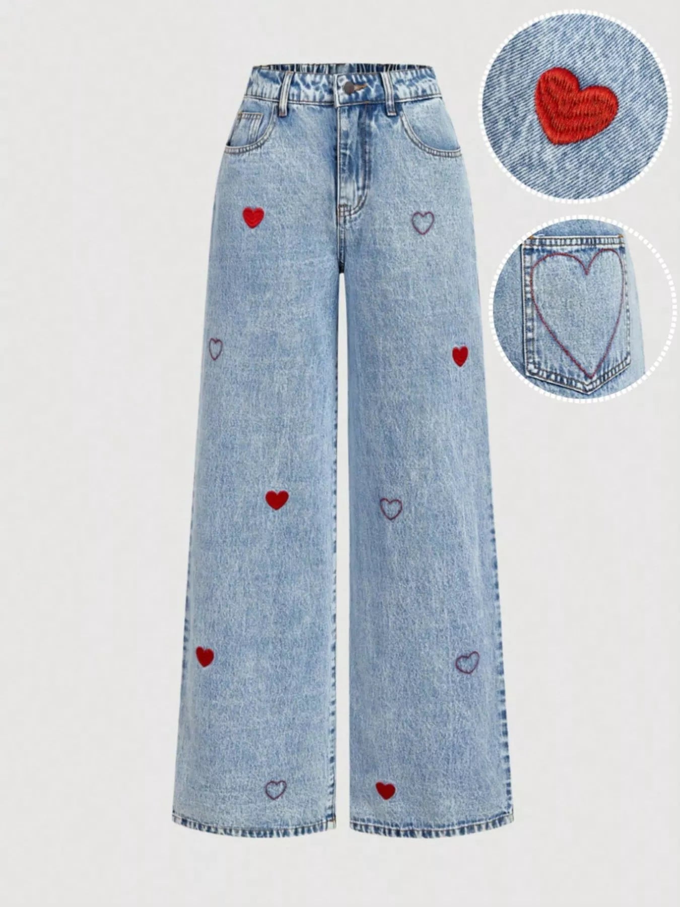 Embroidered Heart Wide-Leg Jeans - Kharites