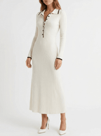 Fall Ribbed Knit Sweater Dress Women Button Detail Long Sleeve Midi — Kharites Shop - Kharites