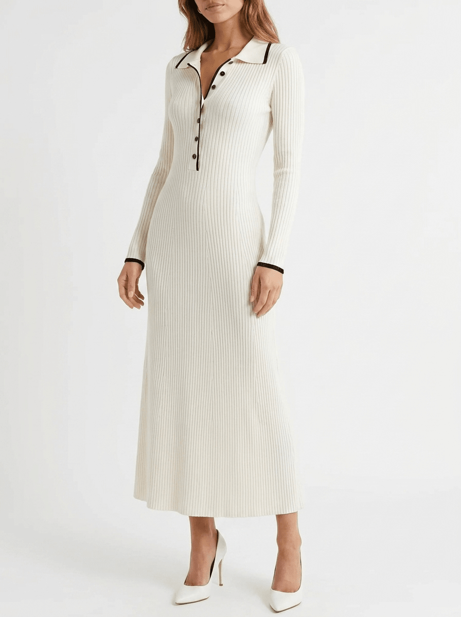 Fall Ribbed Knit Sweater Dress Women Button Detail Long Sleeve Midi — Kharites Shop - Kharites