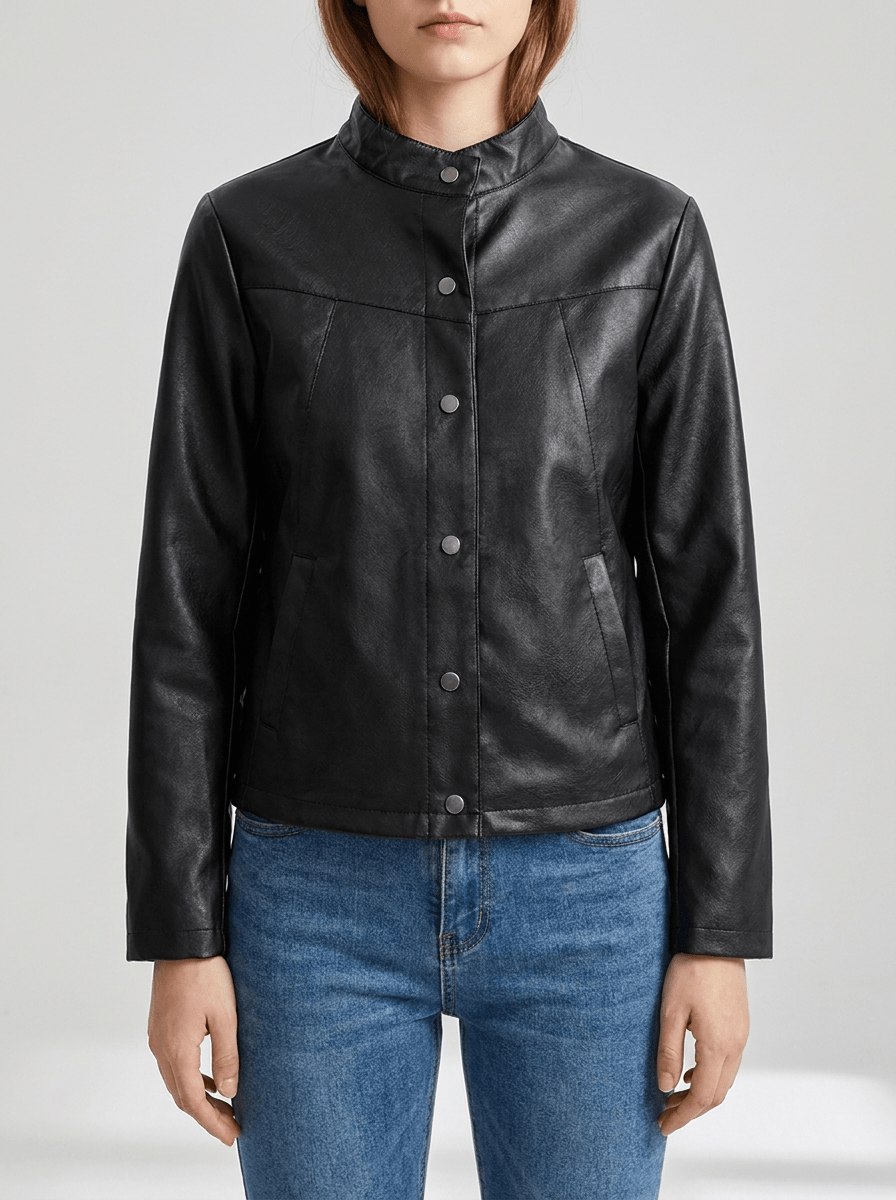 Faux Leather Jacket Women Boxy Studded Button Up Cropped Moto Jacket — Kharites Shop - Kharites