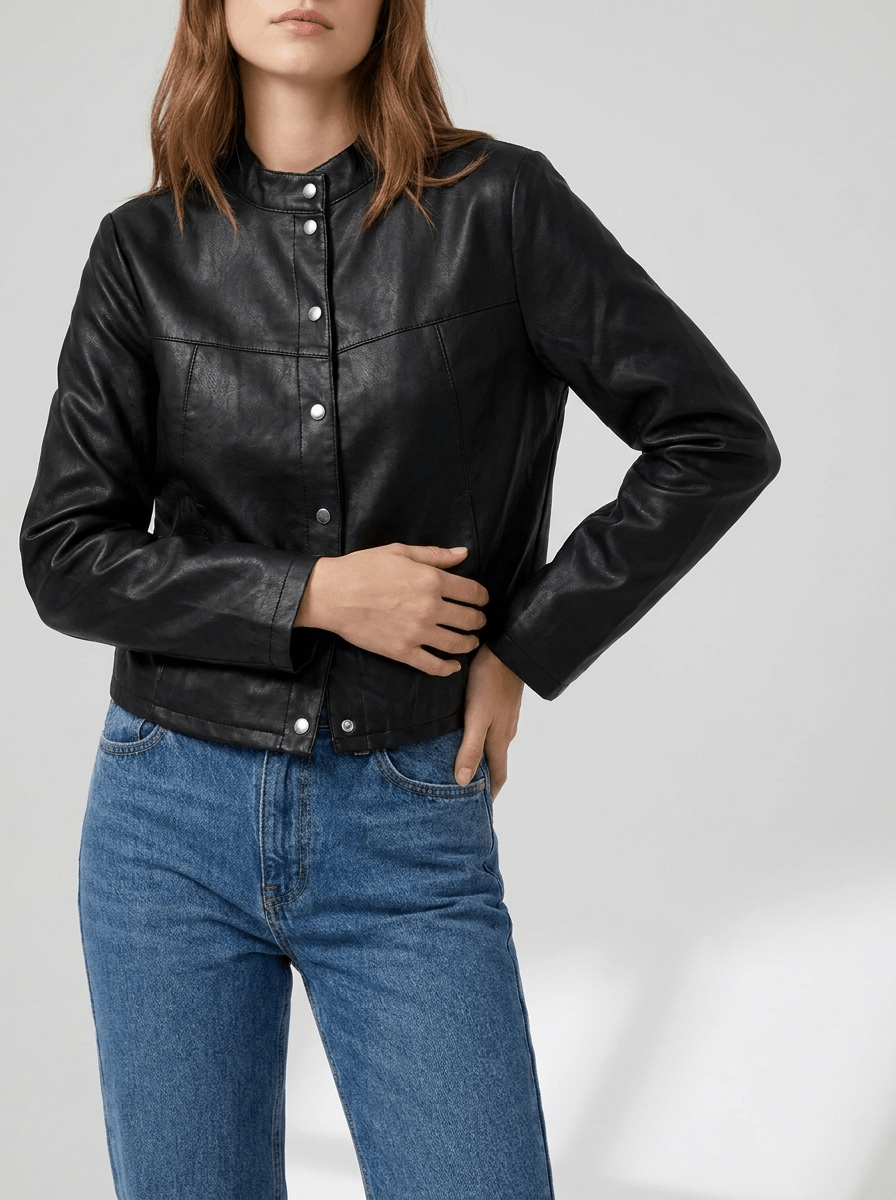 Faux Leather Jacket Women Boxy Studded Button Up Cropped Moto Jacket — Kharites Shop - Kharites