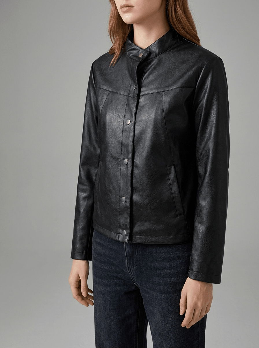 Faux Leather Jacket Women Boxy Studded Button Up Cropped Moto Jacket — Kharites Shop - Kharites