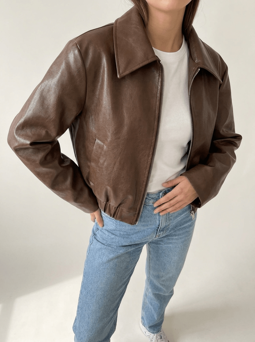 Faux Leather Jacket Women Zip Up Moto Biker Jacket Cropped Layer — Kharites Shop - Kharites