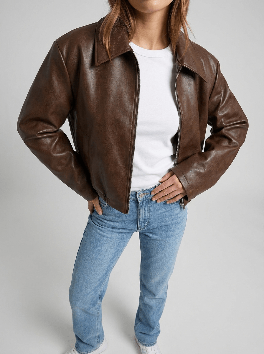 Faux Leather Jacket Women Zip Up Moto Biker Jacket Cropped Layer — Kharites Shop - Kharites