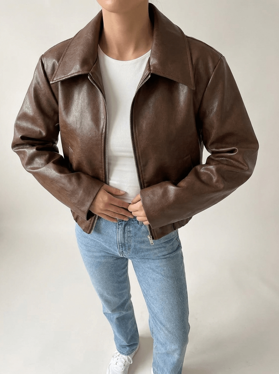 Faux Leather Jacket Women Zip Up Moto Biker Jacket Cropped Layer — Kharites Shop - Kharites