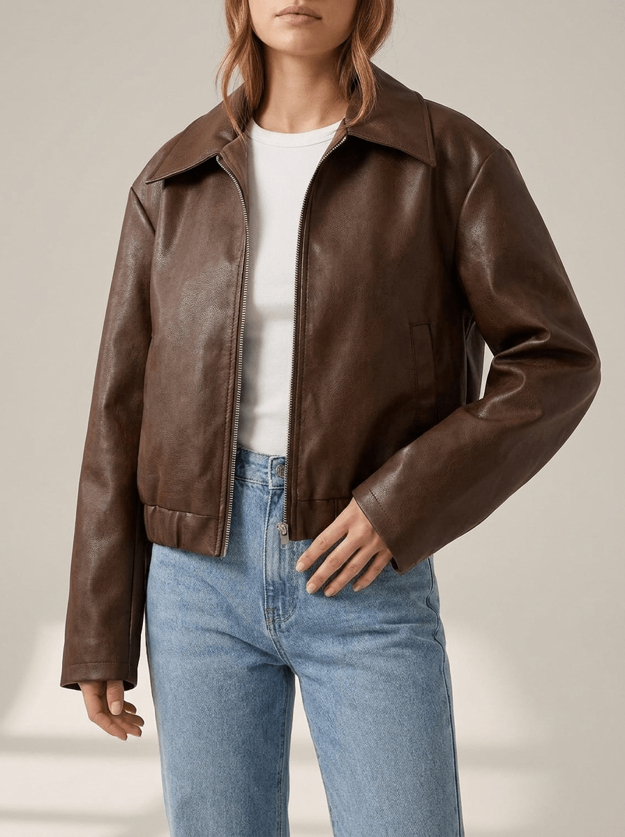 Faux Leather Jacket Women Zip Up Moto Biker Jacket Cropped Layer — Kharites Shop - Kharites