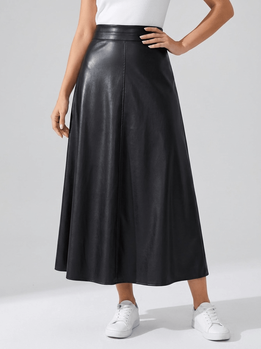 Faux Leather Midi Skirt Women A Line High Waisted Zip Up Skirt — Kharites Shop - Kharites