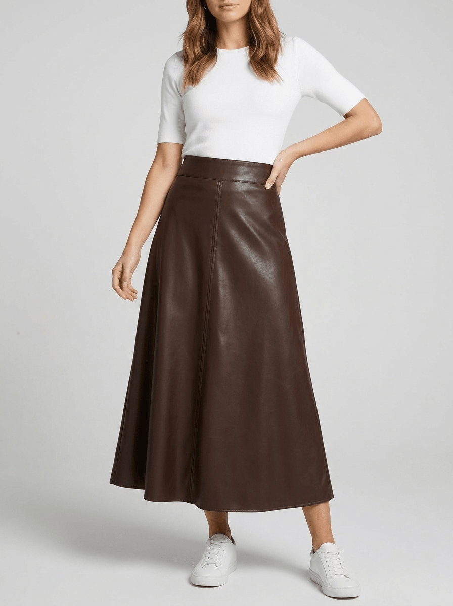 Faux Leather Midi Skirt Women A Line High Waisted Zip Up Skirt — Kharites Shop - Kharites