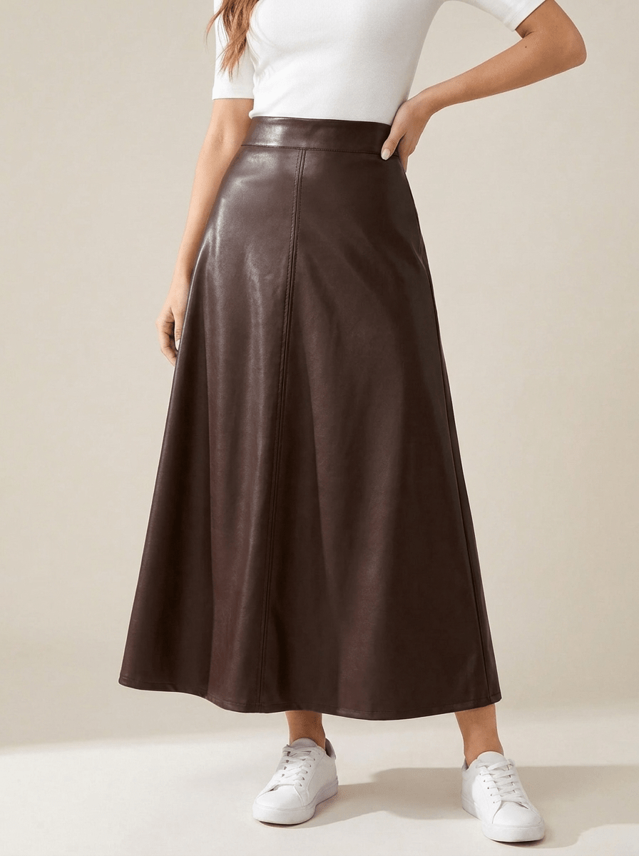 Faux Leather Midi Skirt Women A Line High Waisted Zip Up Skirt — Kharites Shop - Kharites