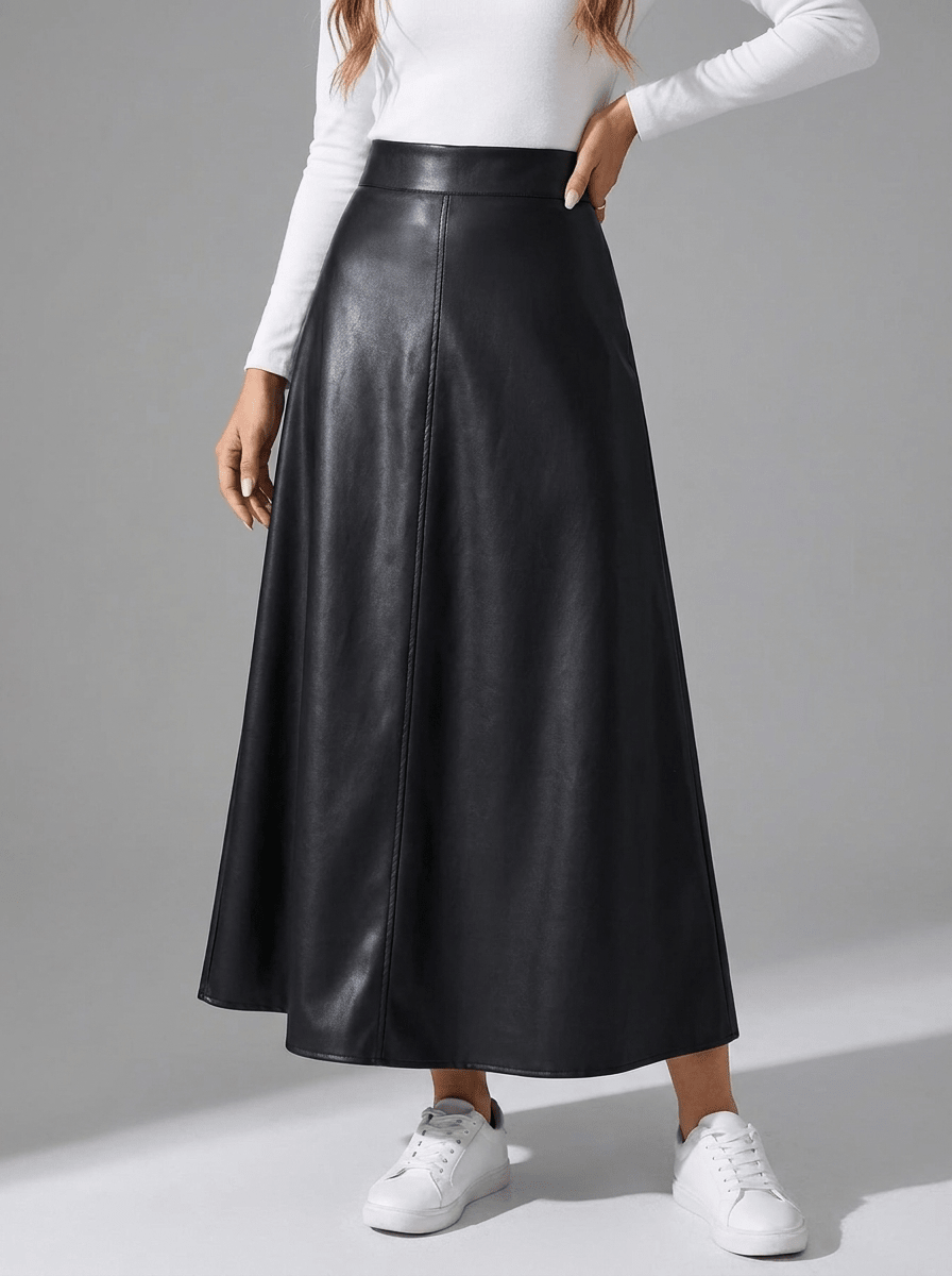 Faux Leather Midi Skirt Women A Line High Waisted Zip Up Skirt — Kharites Shop - Kharites