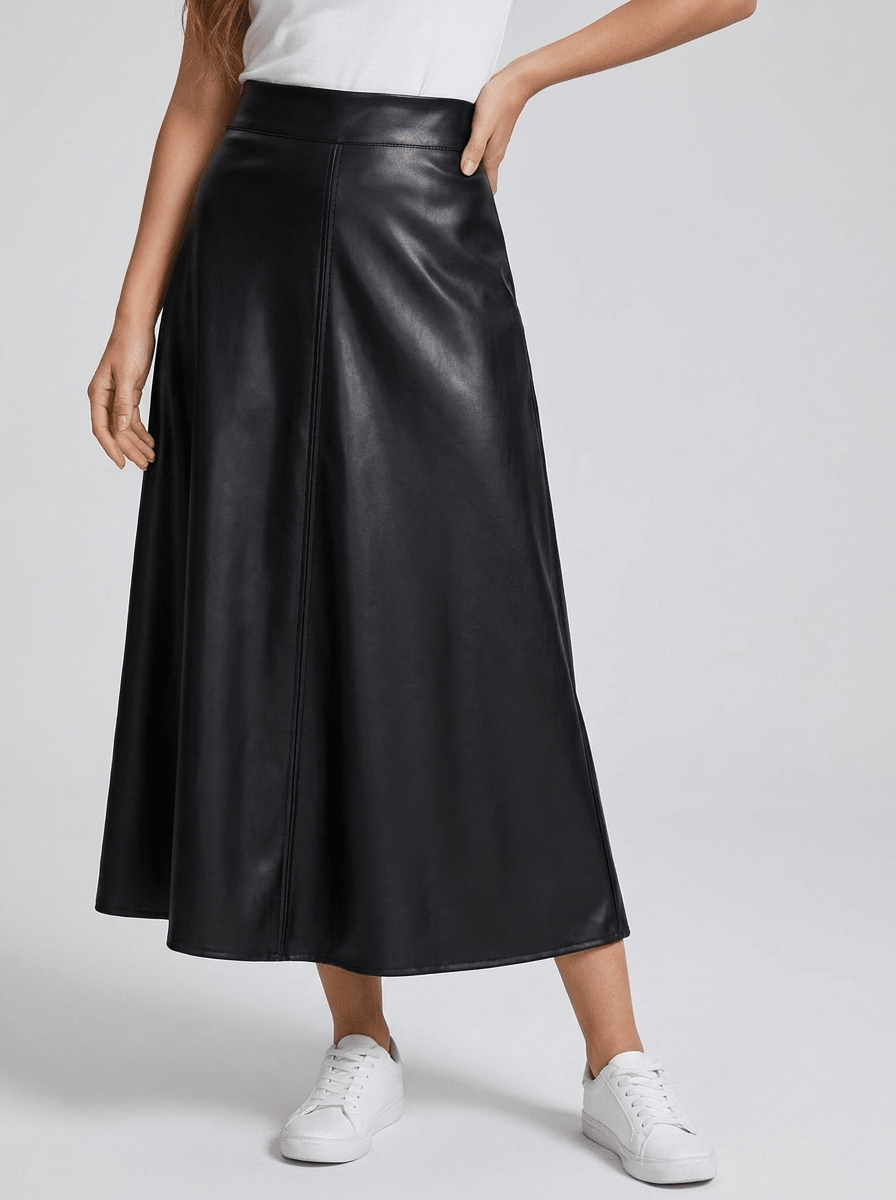 Faux Leather Midi Skirt Women A Line High Waisted Zip Up Skirt — Kharites Shop - Kharites