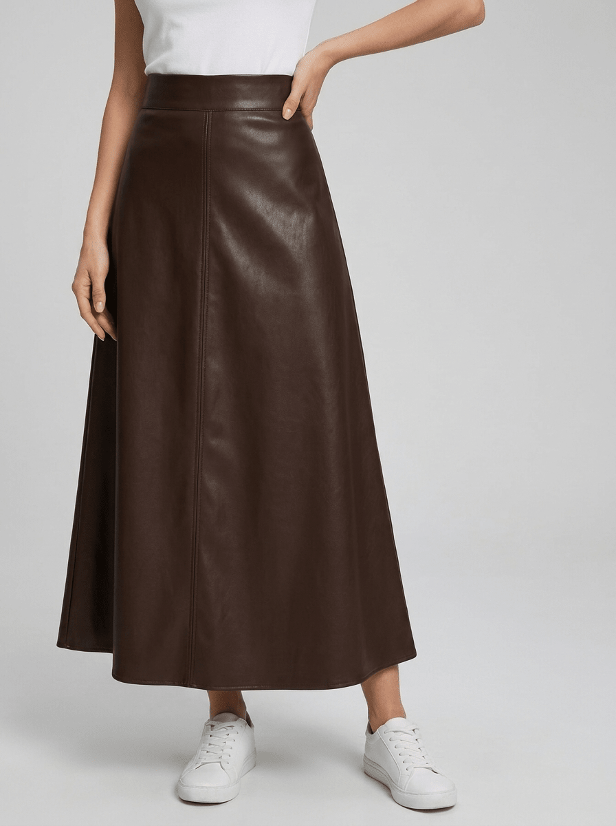 Faux Leather Midi Skirt Women A Line High Waisted Zip Up Skirt — Kharites Shop - Kharites