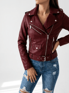 Faux Leather Moto Jacket Women Zip Up Belted Biker Jacket With Pockets — Kharites Shop - Kharites