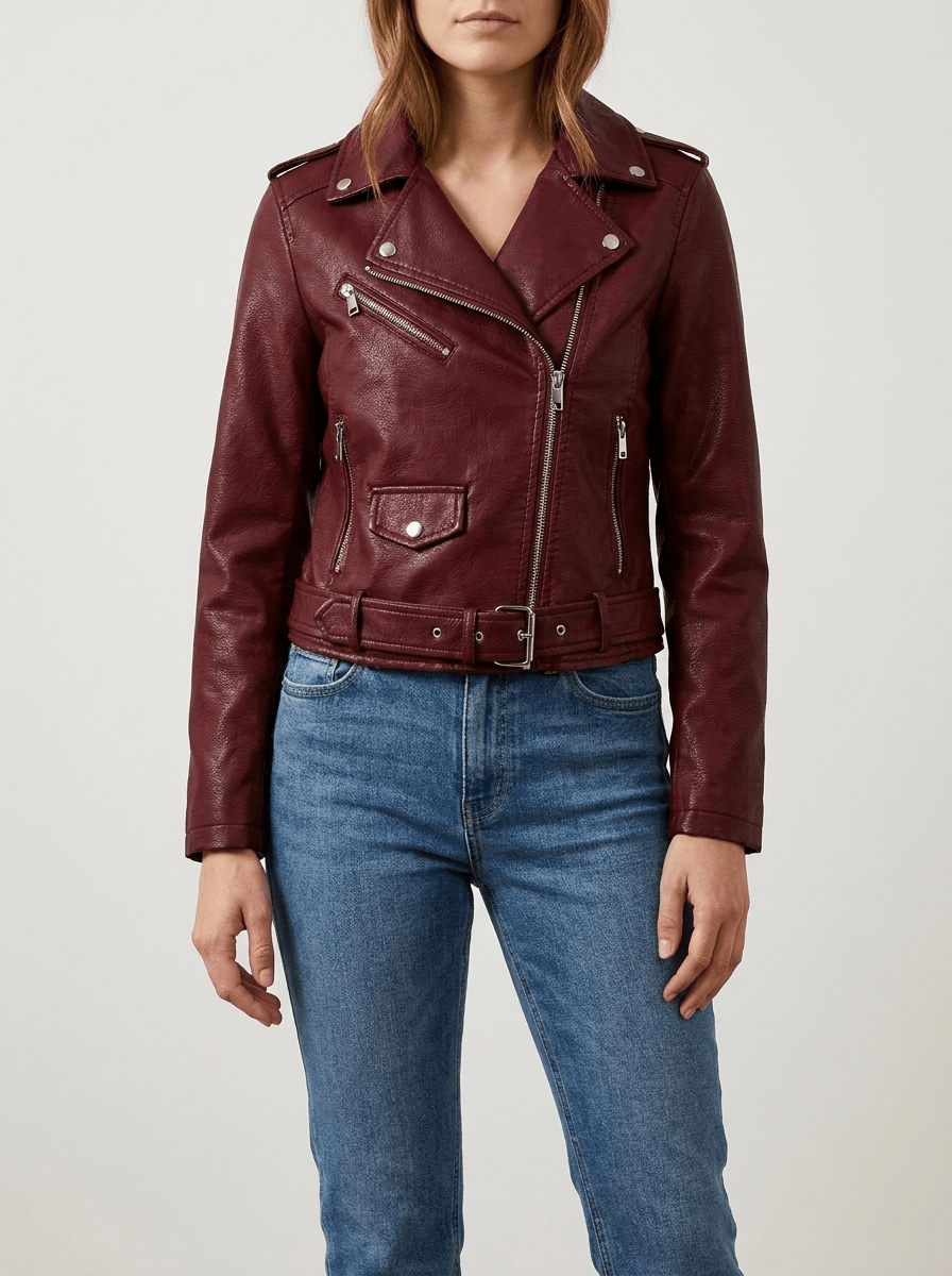Faux Leather Moto Jacket Women Zip Up Belted Biker Jacket With Pockets — Kharites Shop - Kharites