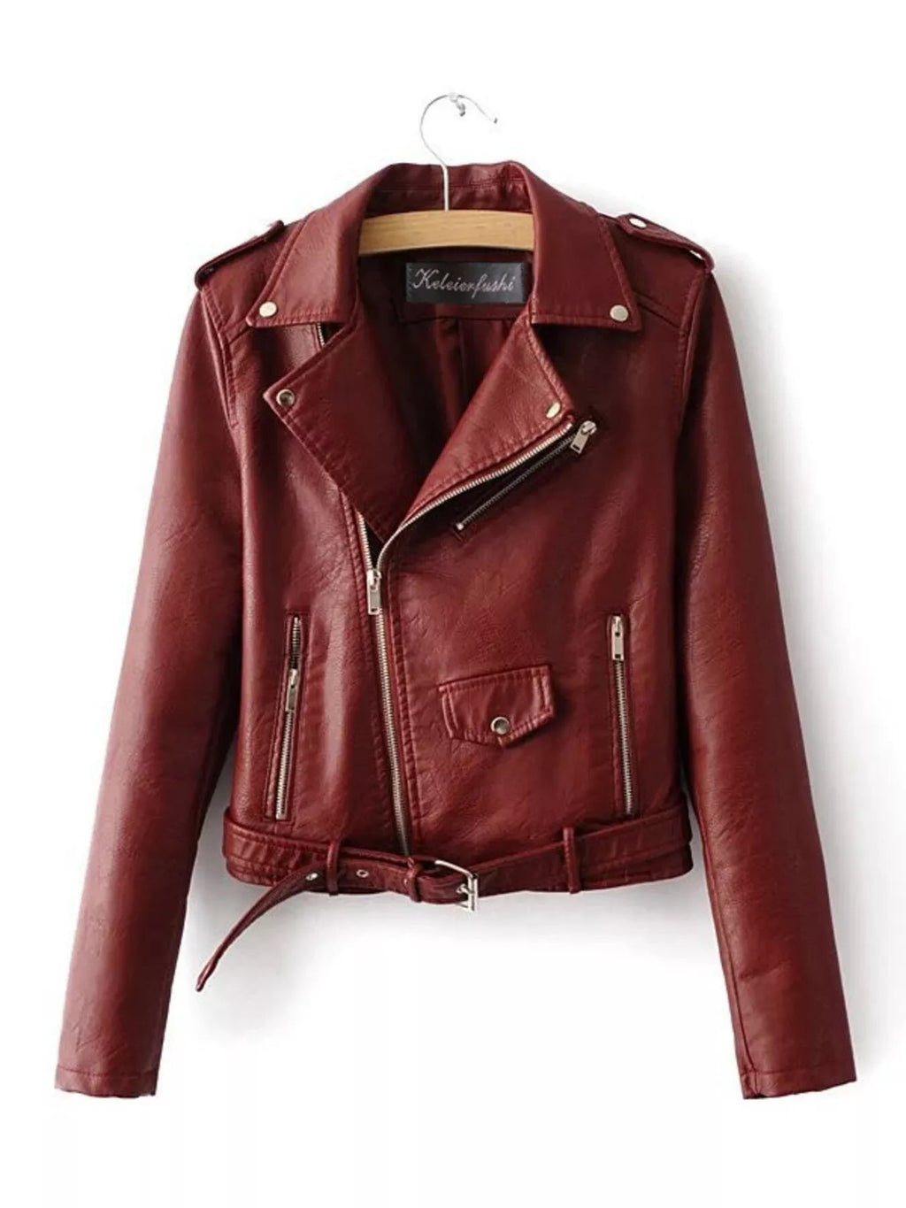 Faux Leather Moto Jacket Women Zip Up Belted Biker Jacket With Pockets — Kharites Shop - Kharites