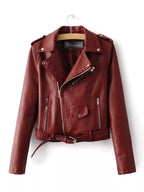 Faux Leather Moto Jacket Women Zip Up Belted Biker Jacket With Pockets — Kharites Shop - Kharites