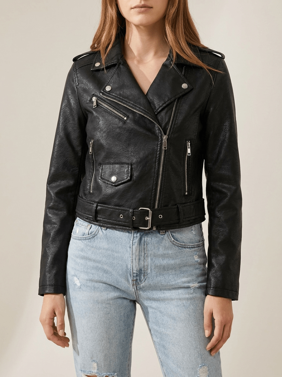 Faux Leather Moto Jacket Women Zip Up Belted Biker Jacket With Pockets — Kharites Shop - Kharites