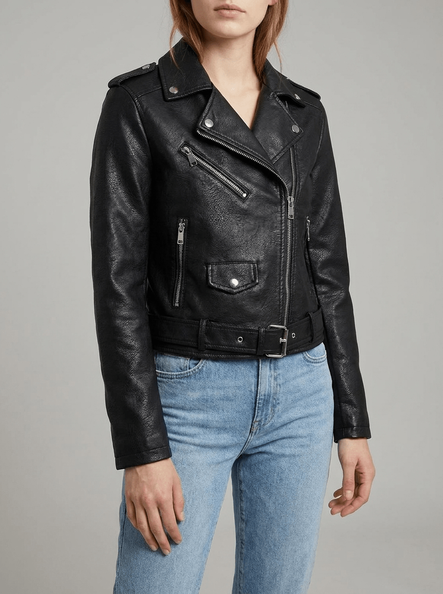 Faux Leather Moto Jacket Women Zip Up Belted Biker Jacket With Pockets — Kharites Shop - Kharites