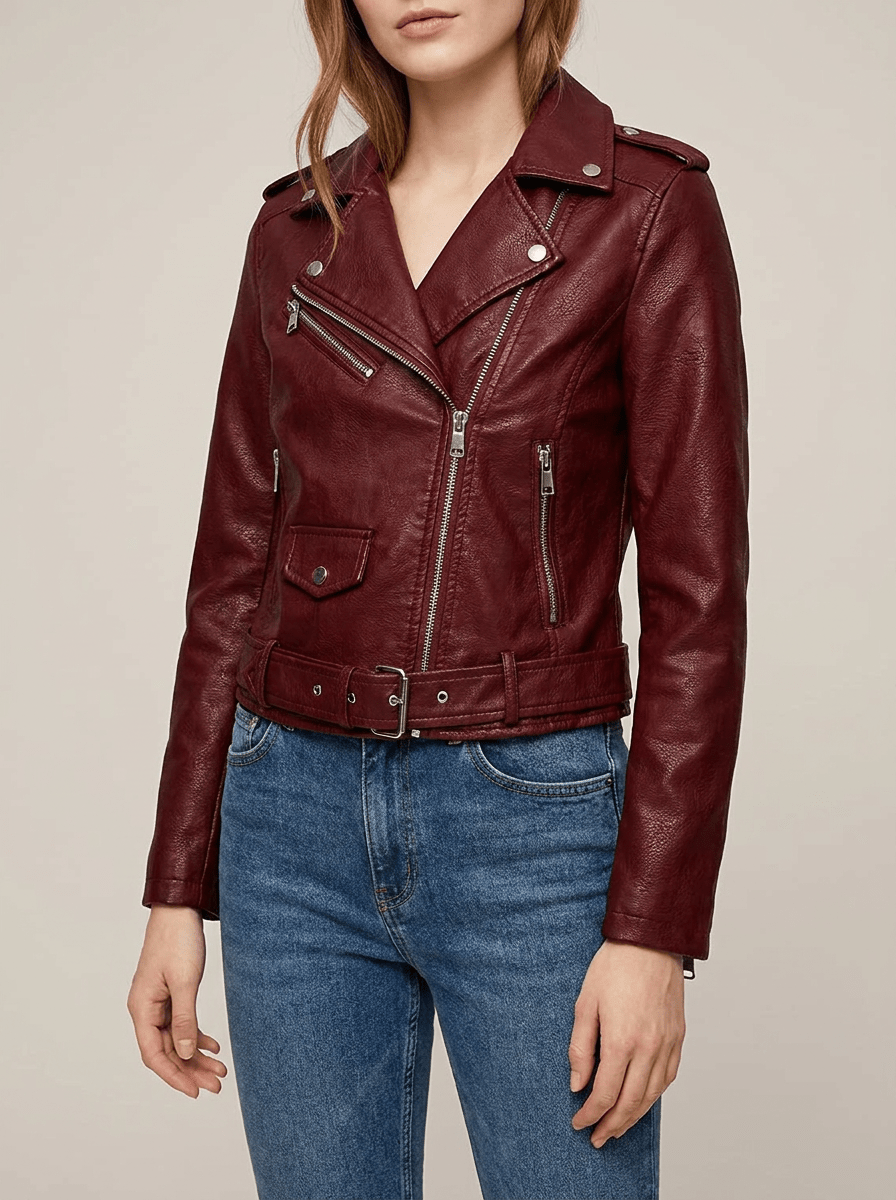 Faux Leather Moto Jacket Women Zip Up Belted Biker Jacket With Pockets — Kharites Shop - Kharites