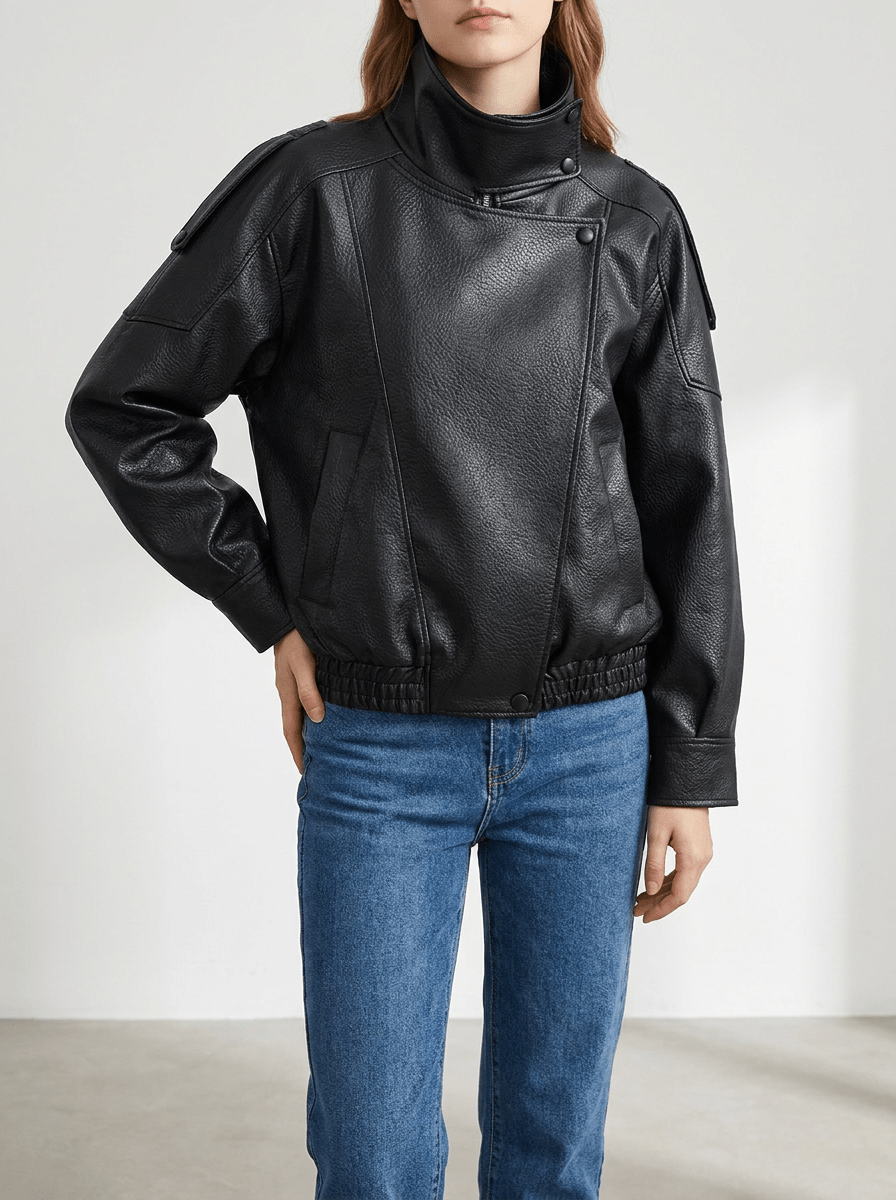 Faux Leather Moto Jacket Women Zip Up Biker Jacket With Pockets — Kharites Shop - Kharites