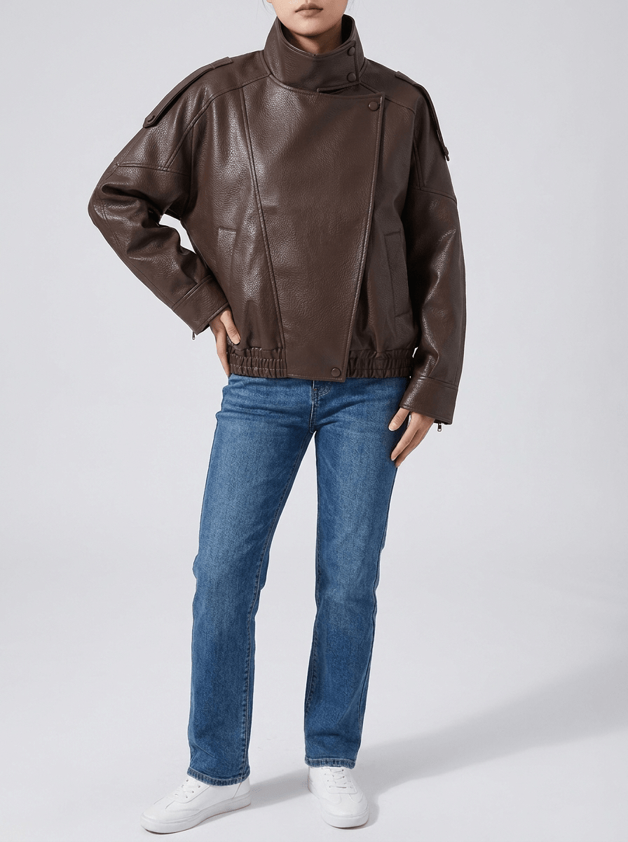 Faux Leather Moto Jacket Women Zip Up Biker Jacket With Pockets — Kharites Shop - Kharites