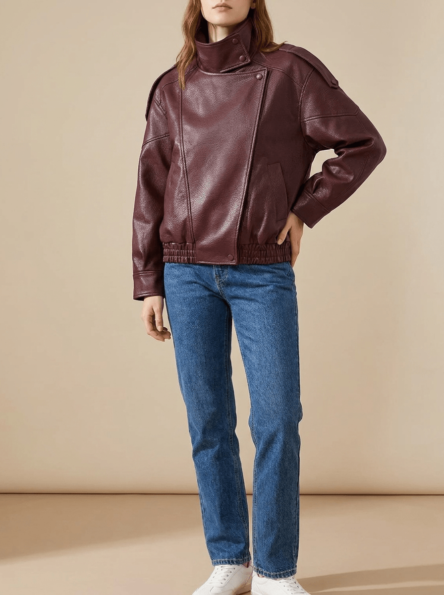 Faux Leather Moto Jacket Women Zip Up Biker Jacket With Pockets — Kharites Shop - Kharites