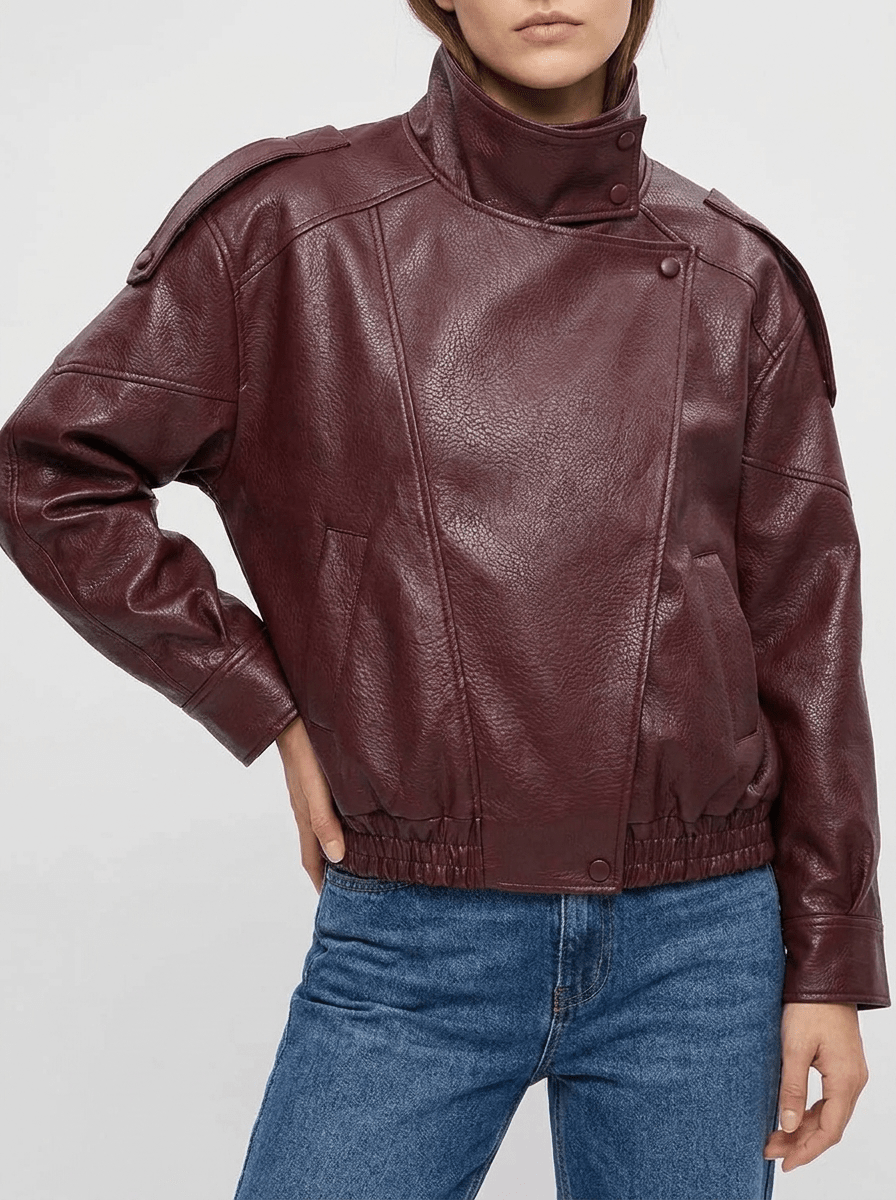 Faux Leather Moto Jacket Women Zip Up Biker Jacket With Pockets — Kharites Shop - Kharites